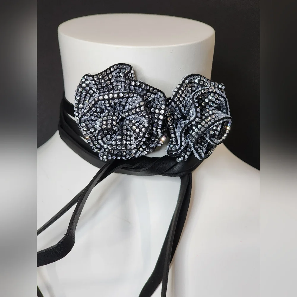 Black Rhinstone Rose Long Wrap Choker Necklace